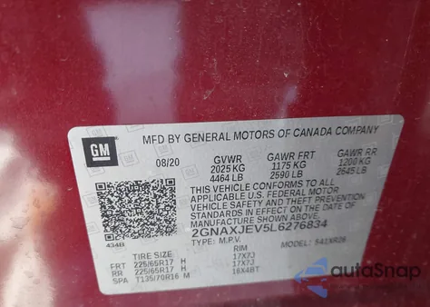 2020 Chevrolet Equinox Fwd 2Fl from USA, damaged, VIN 2GNAXJEV5L6276834